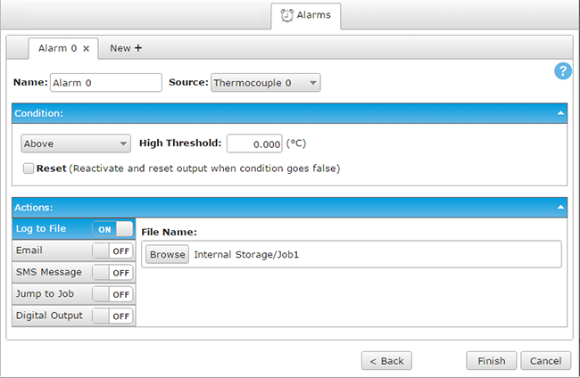Job Editor Alarm tab
